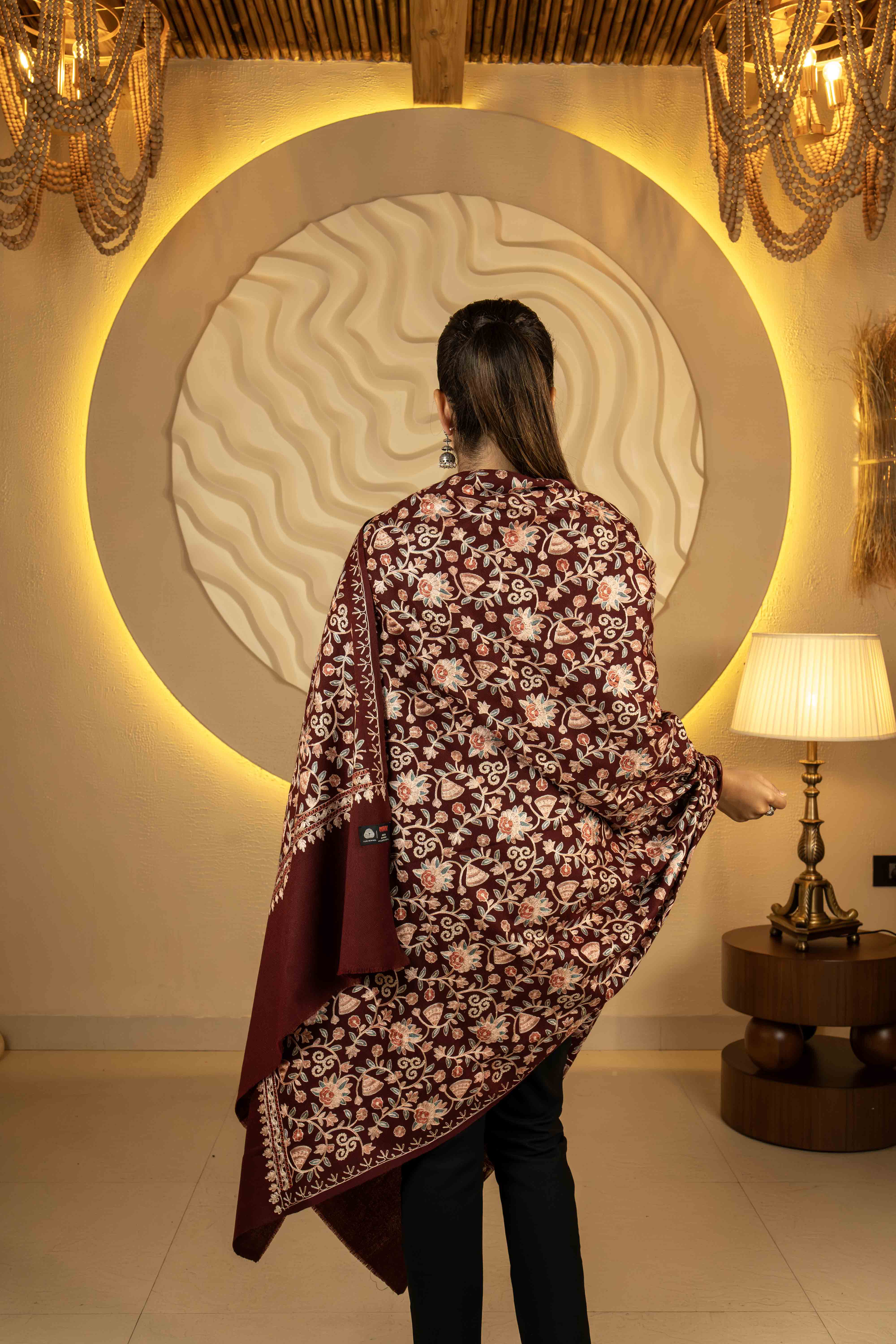 Aari Embroidered Maroon Pure Wool Shawl For Women